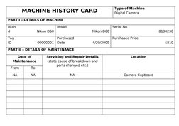 MACHINE HISTORY CARD
Type of Machine
Digital Camera
PART I – DETAILS OF MACHINE
Bran
d 
Nikon D60
Model
Nikon D60
Serial No.