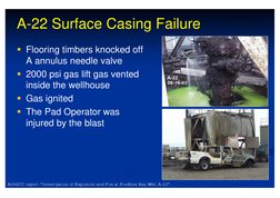 A-22 Surface Casing Failure
€ Flooring timbers knocked off 
A annulus needle valve
€ 2000 psi gas lift gas vented 
inside the