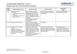 Functional Skills: Mathematics – Level 2
Sample Lesson Plan: Area, Perimeter and Volume
Time/ 
Stage
Subject Matter/Content
T