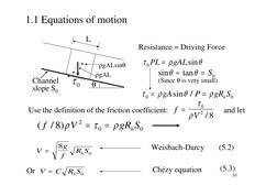10
1.1 Equations of motion
τ
ρ
θ
0PL
gAL
=
sin
τ
ρ
θ
ρ
0
0
=
=
gA
P
gR S
h
sin
/
sin
tan
θ
θ
≈
= S0
Use the definition of the