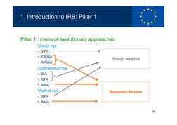 10
1. Introduction to IRB: Pillar 1
Pillar 1 : menu of evolutionary approaches
Credit risk
• STA
• FIRBA
• AIRBA
Operational