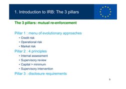 5
1. Introduction to IRB: The 3 pillars
The 3 pillars: mutual re-enforcement
Pillar 1 : menu of evolutionary approaches
• Cre