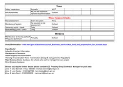 Trees  
Safety inspections
Annually
KCC
Resultant works
School
Water Hygiene Checks
Risk assessment
Every two years
KCC
Monit