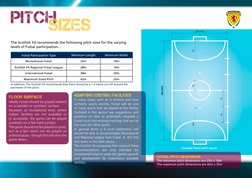 PITCH
The Scottish FA recommends the following pitch sizes for the varying
levels of Futsal participation...
Recreational Fut