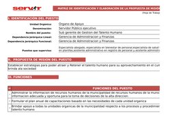 (Hoja de Trabajo N° 01)
I. IDENTIFICACIÓN DEL PUESTO
Unidad Orgánica:
Órgano de Apoyo
Denominación:
Servidor Público ejecutiv