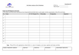 BINTULU PORT SDN. BHD. 
 
Job Safety Analysis (JSA) Worksheet
Attachment III
PTW No.    : _______________