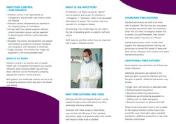 Standard Precautions
Standard precautions are used at all times 
with all patients. The fact that your care givers 
use stand