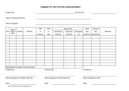 Note: This form serves as a guideline only
SUMMARY OF TEST ON STEEL REINFORCEMENT
Project Title:
Proj. Ref. No.:
Name of Test