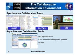 10
NATO UNCLASSIFIED
The Collaborative 
Information Environment 
• WEB portals/Wise
• Document and management systems
• E-mai