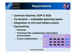 • Common doctrine, SOP & SOIs
• Co-location – embedded planning teams
• Integration of civil and military actors
• Connectivi
