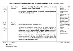 THE LAUNCHING OF SPEAK ENGLISH TO ME PROGRAMME 2016 – Emcee’s script
10
minute
s
Bin
 
Haji
Rapaiee
Annuar Bin Haji Rapaiee,