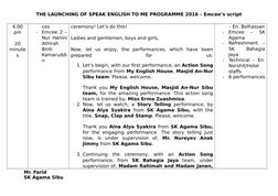 THE LAUNCHING OF SPEAK ENGLISH TO ME PROGRAMME 2016 – Emcee’s script
4.00
pm
20
minute
s
ces
-
Emcee 2 –
Nur Hanini
Athirah
B