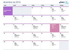 diciembre de 2016
Lunes
martes
miércoles
jueves
viernes
sábado
domingo
Acondicionamiento
previo
01
02
03
5 km
Trotar
7:51 min