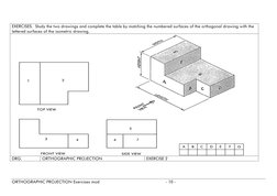 EXERCISES.  Study the two drawings and complete the table by matching the numbered surfaces of the orthogonal drawing with th