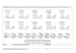 EXERCISES. Study the two types and complete the table by matching the numbered orthogonal drawings with the same isometric vi