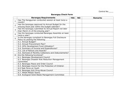 Control No.____ 
Barangay Check Form 
 
Barangay Requirements 
YES 
NO 
Remarks 
1 
Has The Sanggunian conducted session at l