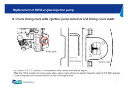 3
Replacement of DB58 engine injection pump
3. Check timing mark with injection pump indicator and timing cover mark.  
No.1