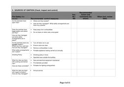 Page 4 of 11 
 
 
3.  SOURCES OF IGNITION (Check, inspect and control) 
Fire Safety (the 
issues) 
Recommended  control measu