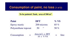 Consumption of paint, no loss (1 of 2)
Paint 
DFT
% VS
Epoxy mastic
200 microns
85 %
Polyurethane topcoat
50      “        
5