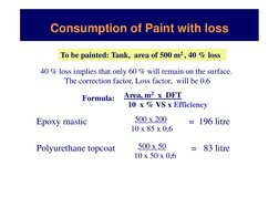 Consumption of Paint with loss
Epoxy mastic
=  196 litre
Polyurethane topcoat
= 83 litre
500 x 200
10 x 85 x 0,6
500 x 50
10