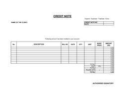 Original / Duplicate / Triplicate / Extra
CREDIT NOTE NO
DATE
No.
BILL NO
DATE
QTY
UNIT
BASIC 
PRICE
AMOUNT 
(RS)
0.00
0.00
0