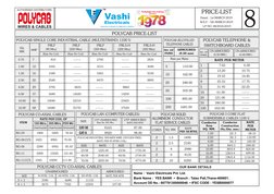 Vashi
Electricals
SINCE
Delightful Electrifying
Service
SIZE 
RATE
23/38 
1225.00
40/38 
2040.00
70/38 
3205.00
POLYCAB JELLY