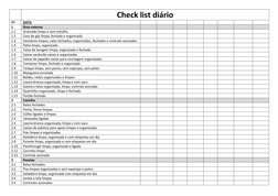 Check list diário 
Nº 
DATA 
 
 
 
 
 
 
 
 
1 
Área externa 
 
 
 
 
 
 
 
 
1.1 
Gramado limpo e sem entulho