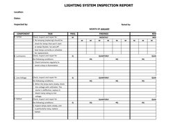 LIGHTING SYSTEM INSPECTION REPORT
Location:
Dates:
Inspected by:
Noted by: 
COMPONENT
TASK
FREQ
FINDINGS
REMARKS
A. Lamps
Che