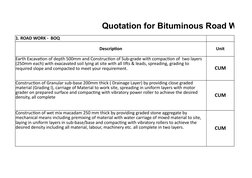 Quotation for Bituminous Road Work
1. ROAD WORK -  BOQ
Description
Unit
CUM
CUM
CUM
Earth Excavation of depth 500mm and Const