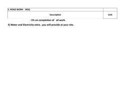 1. ROAD WORK -  BOQ
Description
Unit
                                    - 5% on completion of   all work.
3) Water and Elect