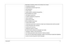 Document1 
3 
 
Organisation standards, policies and procedures may include: 
 complaints procedures 
 organisational stand