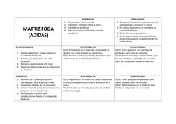 MATRIZ FODA 
(ADIDAS) 
FORTALEZAS 
1. Reconocido a nivel mundial 
2. Fidelidad y confianza hacia la marca 
3. Variedad de pro