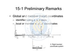 15-1 Preliminary Remarks
• Global and member (local) coordinates
– identified using x, y, z axes
– local or member x’, y’, z’