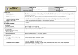 Grades 1 to 12
DAILY LESSON LOG
School
DAFSIS
Grade Level
GRADE 8
Teacher
Noel Paul P. Abulencia
Learning Area
Physical Educa