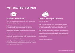 IDP IELTS Examiner Approved Tips - Writing | 3
WRITING TEST FORMAT
Academic (60 minutes)
General Training (60 minutes)
There