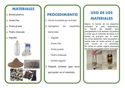MATERIALES
Botella plastica
Arena fina
Arena gruesa
Piedra chancada
Algodón. 
PROCEDIMIENTO
1. Cortar la botella por la mitad