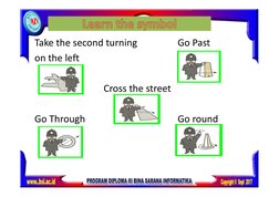  
Take the second turning 
 
Go Past  
 
on the left  
 
Cross the street   
 
Go Through 
 
 
 
Go round 
 
