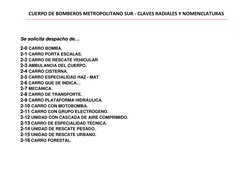 22--0 
0 CARRO BOMBA. 
22--11 CARRO PORTA ESCALAS. 
22--2 
2 CARRO DE RESCATE VEHICULAR
22--33 AMBULANCIA DEL CUERPO.
22--4