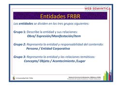 Entidades FRBR
Las entidades se dividen en los tres grupos siguientes:
Grupo 1: Describe la entidad y sus relaciones:
Obra/ E