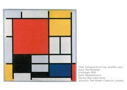 Título: Composición en rojo, amarillo y azul
Autor: Piet Mondrian
Cronología: 1930
Estilo: Neoplasticismo
Técnica: Óleo sobre