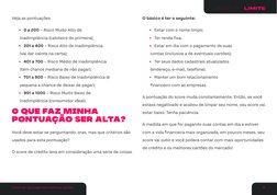 Veja as pontuações:
	• 0 a 200 – Risco Muito Alto de 
Inadimplência (caloteiro de primeira);
	• 201 a 400 – Risco Alto de Ina