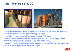 ABB – Pionero de HVDC
1954 - Primer enlace HVDC comercial, con válvulas de vapor de mercurio 
1970 - Primeras válvulas de tir