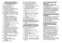 INDICE DE LECCIONES DE
DISCIPULADO BIBLICO PRÁCTICO
DISCIPULADO BASICO
01. Clase Introductoria
02. Como usar las lecciones
03
