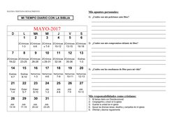 IGLESIA CRISTIANA RENACIMIENTO
MI TIEMPO DIARIO CON LA BIBLIA
MAYO-2017
D
L
MA
MI
J
V
S
1
2Crónicas
1-3
2
2Crónicas
4-6
3
2Cr