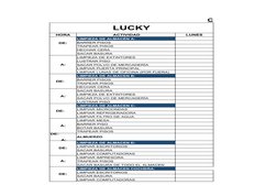 CHECK LIST BOLI
LUCKY
HORA
 ACTIVIDAD
LUNES
LIMPIEZA DE ALMACÉN A:
BARRER PISOS
TRAPEAR PISOS
HECHAR CERA 
SACAR BASURA
A:
LI