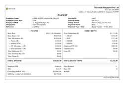 Microsoft Singapore Pte Ltd
Tel: +65.68828899
Address: 1 Marina Boulevard #22-01 Singapore 018989
PAYSLIP
Employee Name
: N M