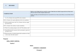 V.
REMARKS
VI.REFLECTION
Reflect on your teaching and assess yourself as a teacher. Think about your student’s progress this