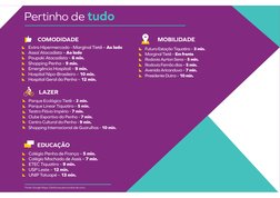Pertinho de tudo
Fonte: Google Maps. Distâncias percorridas de carro.
LAZER
Parque Ecológico Tietê – 2 min.
Parque Linear Tiq