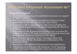 Litigation Support 

Assistance in obtaining documentation necessary to support 
or refute a claim. 

Review of the relevan