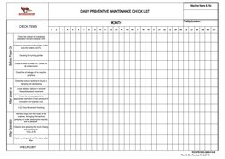 DAILY PREVENTIVE MAINTENANCE CHECK LIST  
Machine Name & No
CHECK ITEMS
MONTH
Facility/Loca